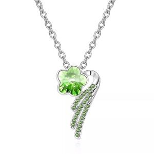 Silver Tone Flower Rainbow Green Crystal Necklace